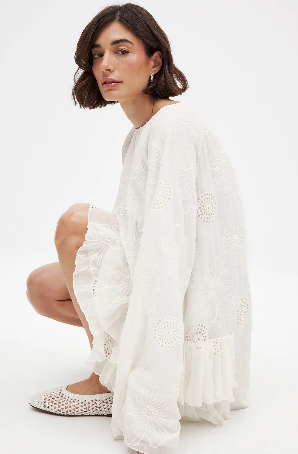 Embroidered Volume Mini Dress White