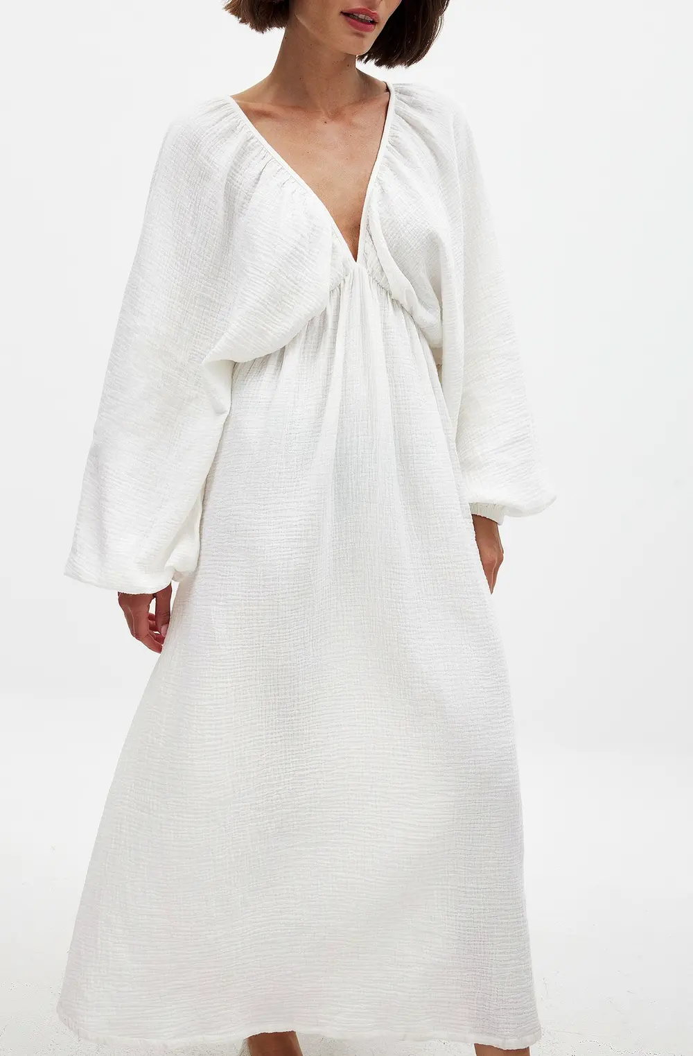 Soft Cotton V Neck Midi Dress Offwhite