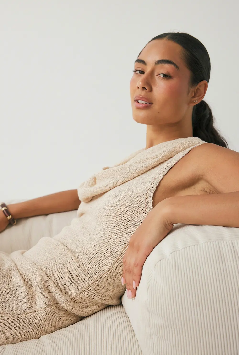 Knitted Waterfall Maxi Dress Beige