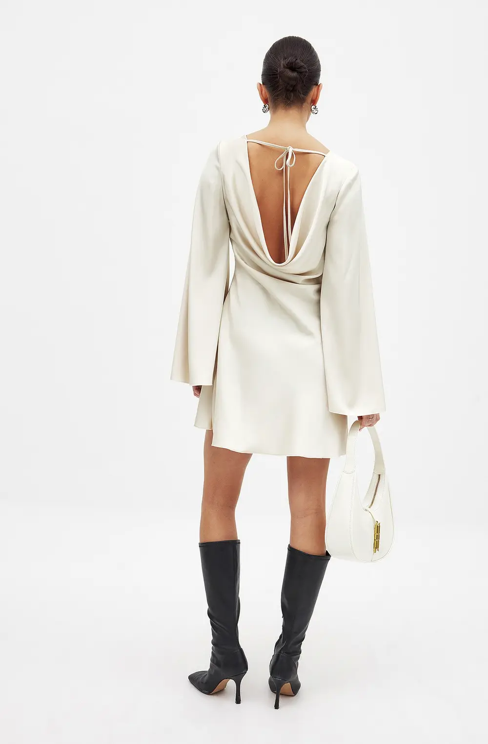 Waterfall Back Satin Mini Dress Beige