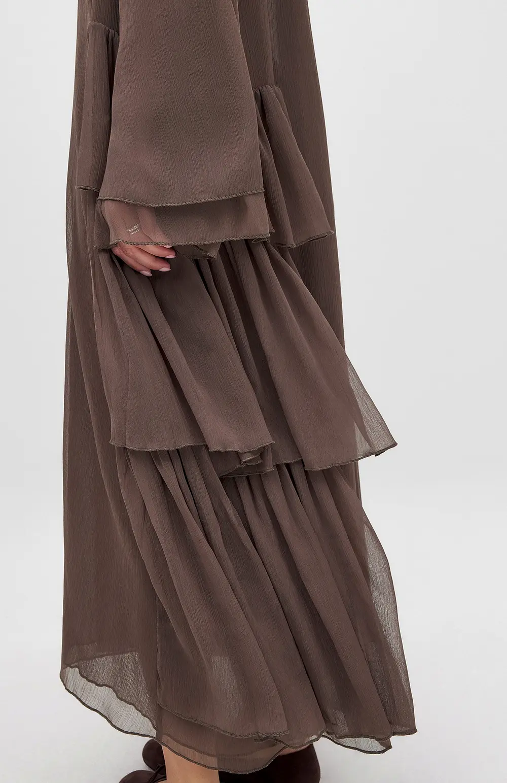 Chiffon Ruffle Long Sleeve Kaftan Brown