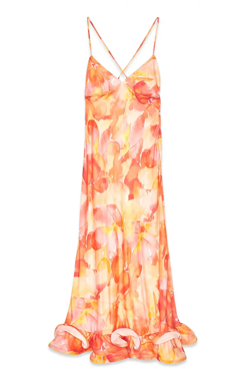 Satin Flounce Hem Maxi Dress Orange