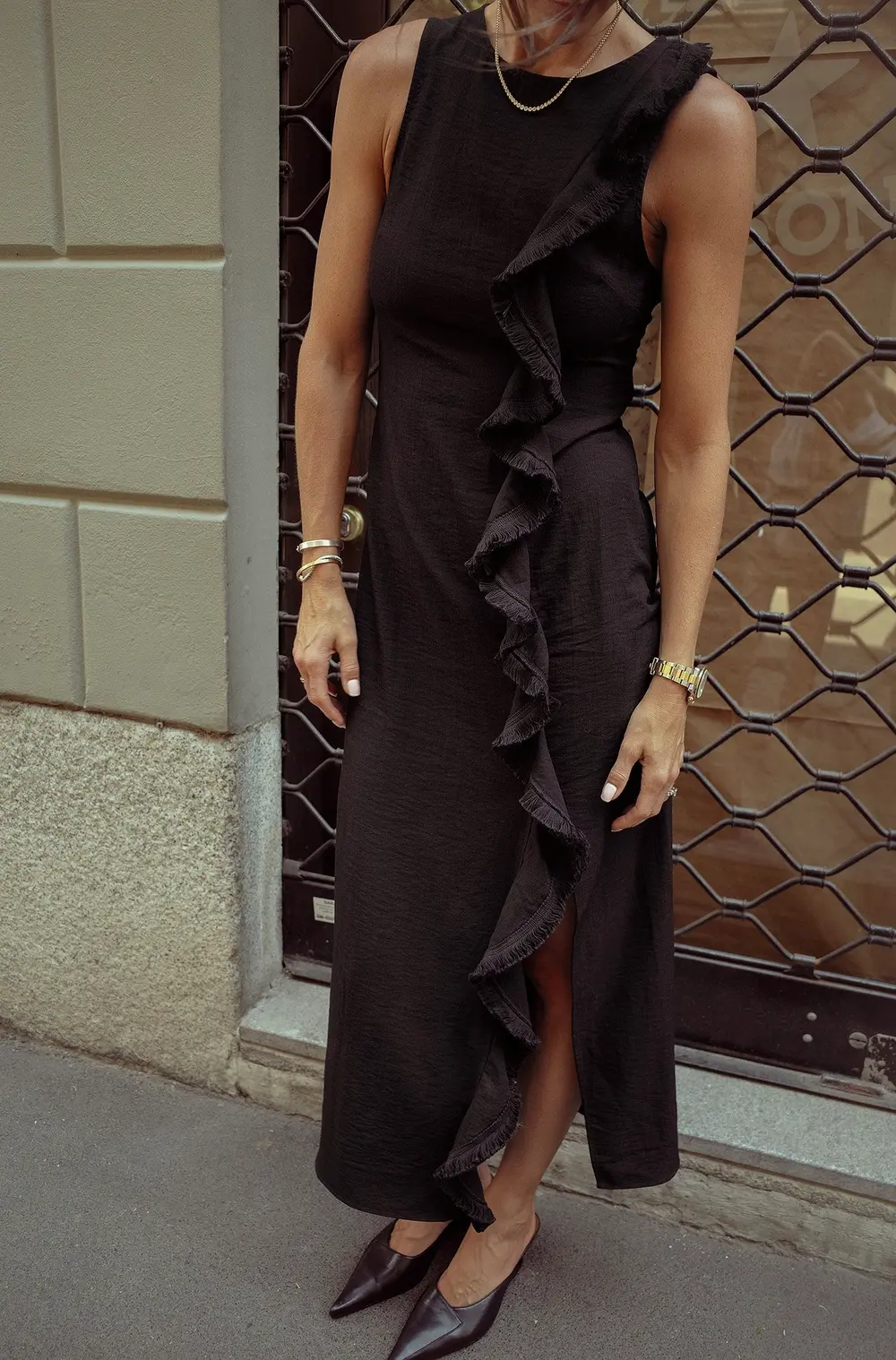 Ruffle Detail Fringe Midi Dress Black