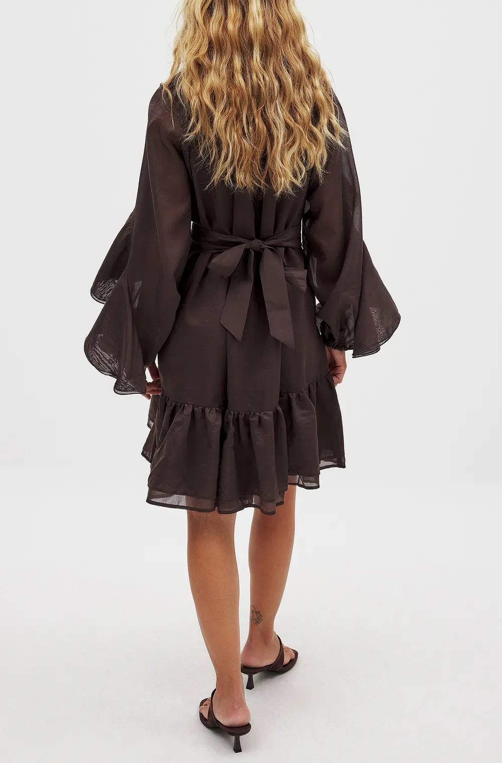 Long Sleeve Ruffle Mini Dress Brown