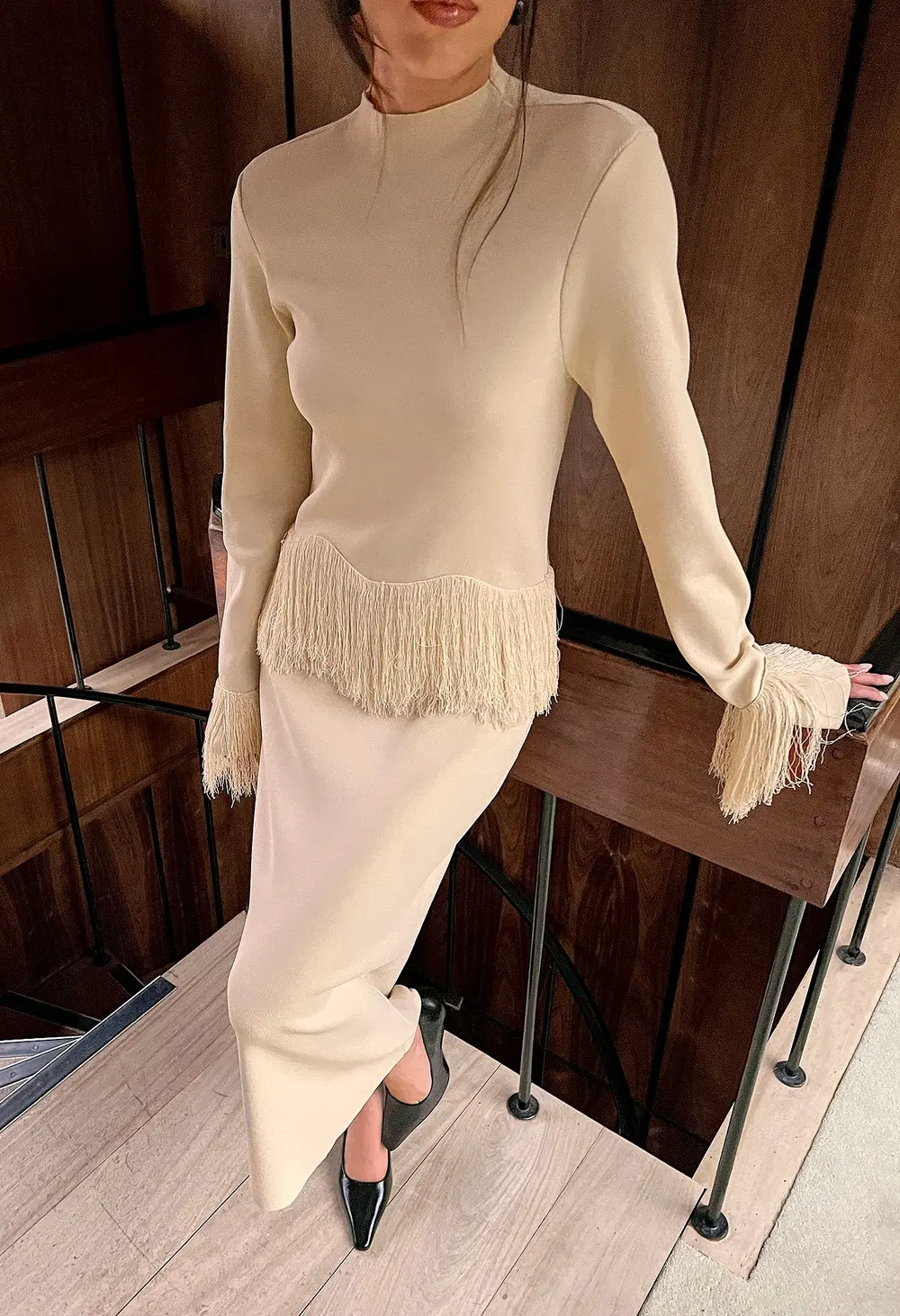Fringe Detail Knitted Midi Dress Beige