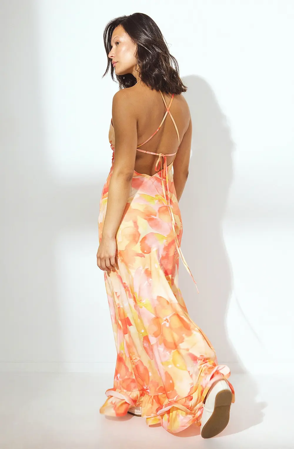 Satin Flounce Hem Maxi Dress Orange