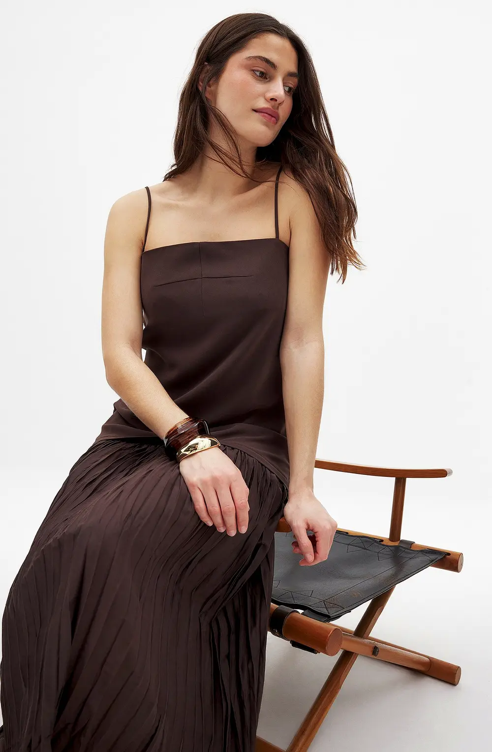 Sheer Plisse Skirt Slip Dress Brown