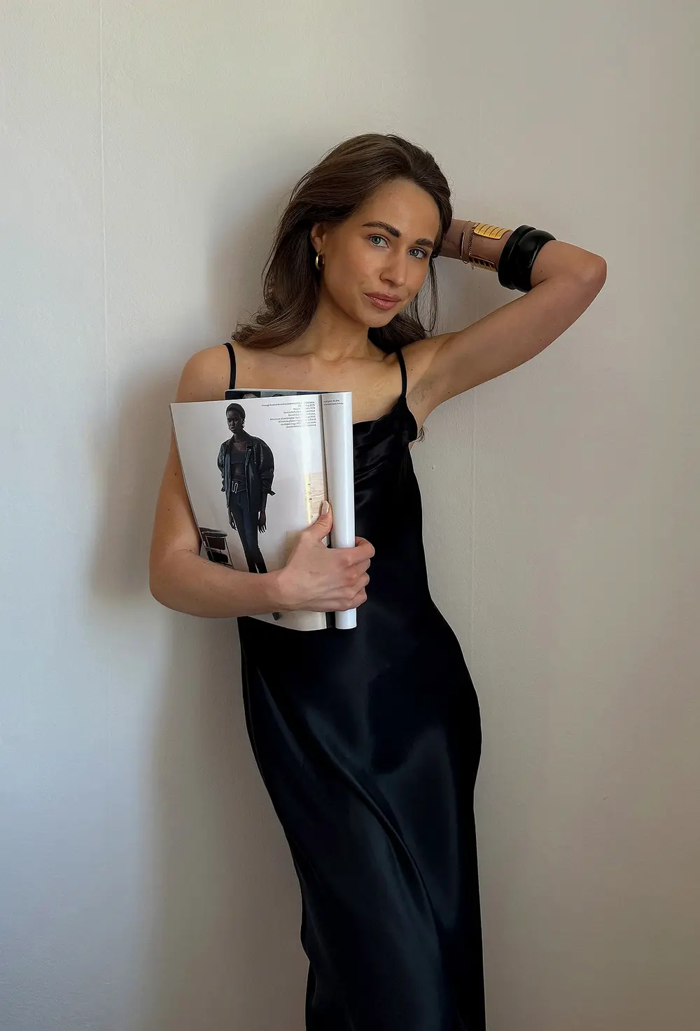 Satin Fold Detail Midi Slip Dress Black
