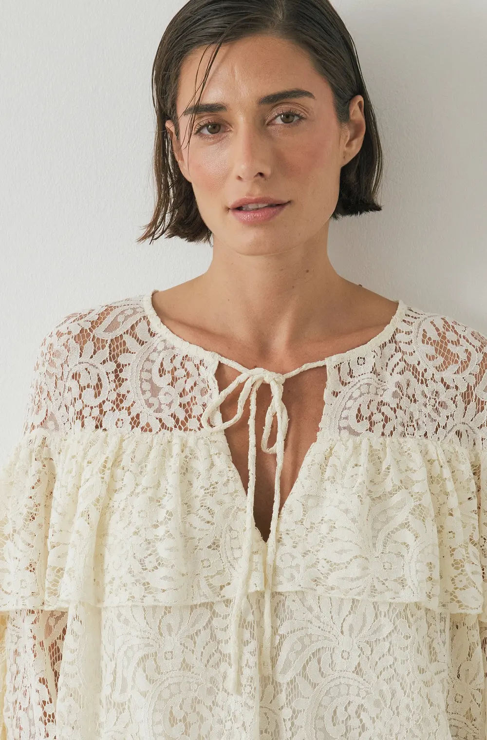 Lace Ruffle Long Sleeve Mini Dress Beige