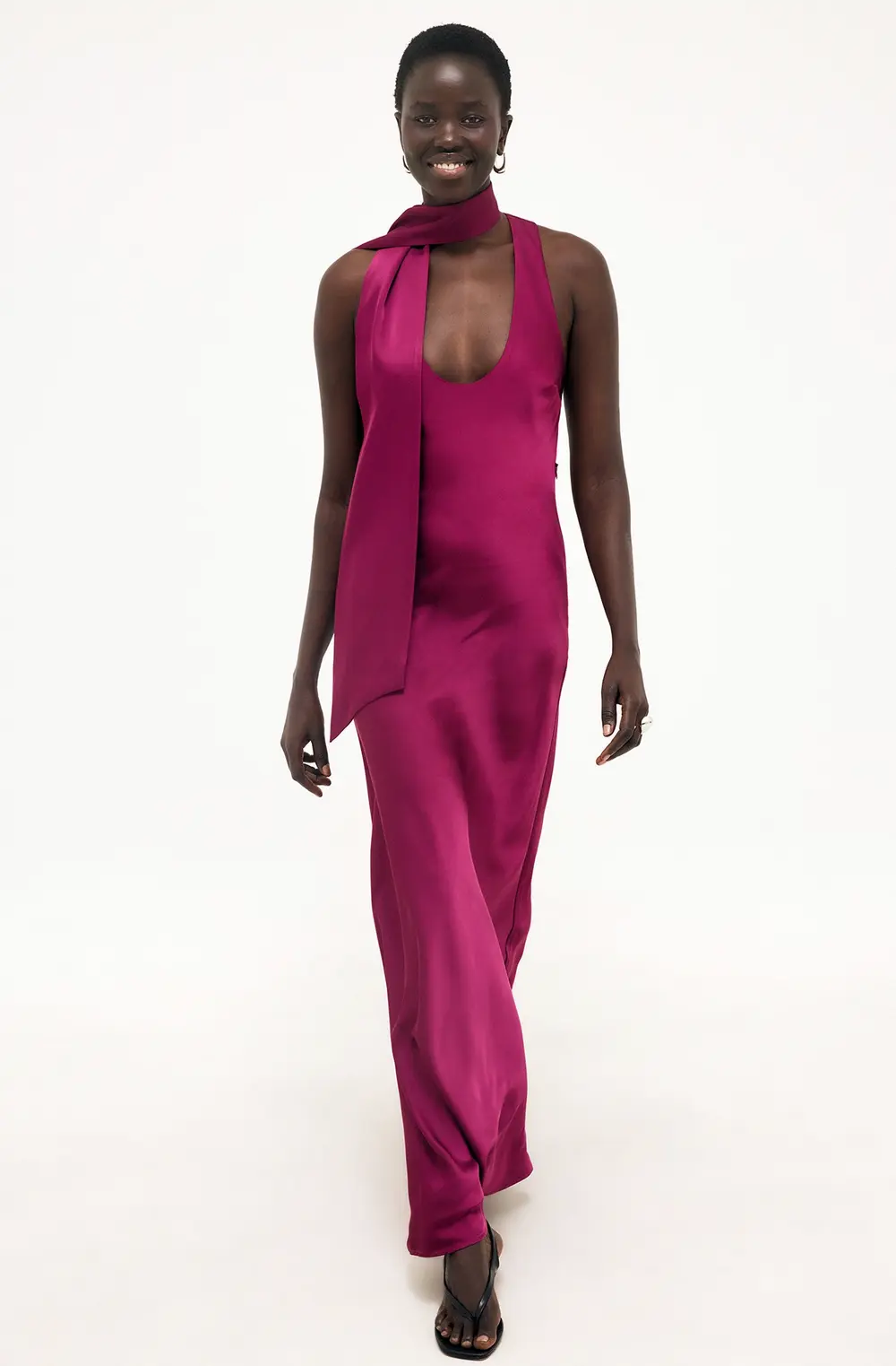 Satin Scoop Neck Scarf Maxi Dress Pink