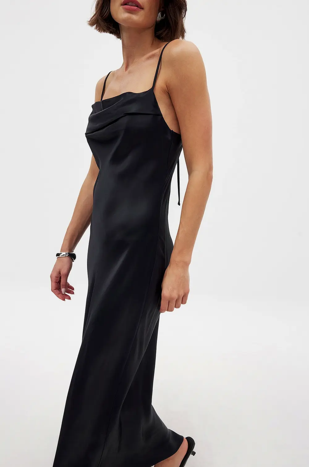 Satin Fold Detail Midi Slip Dress Black
