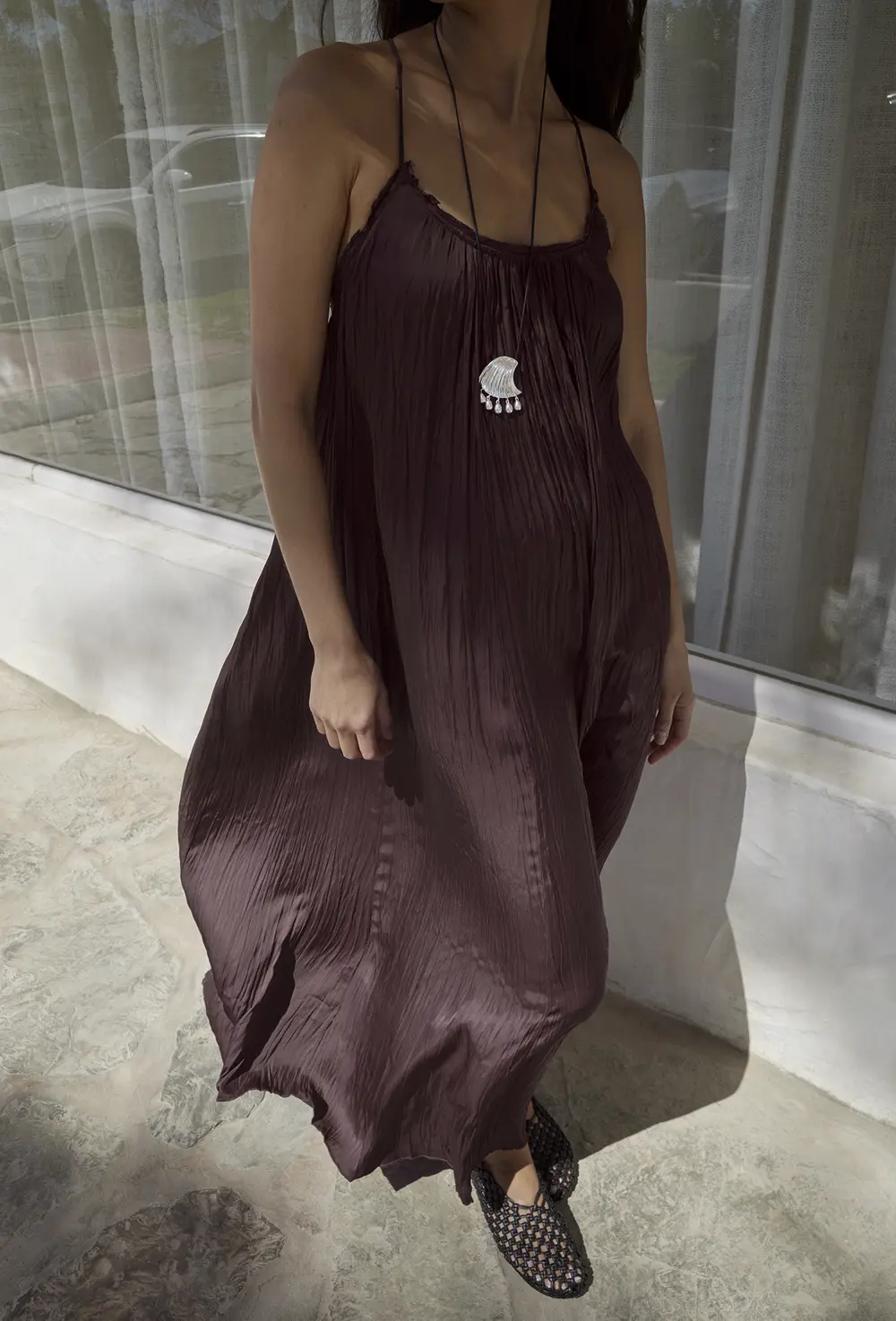 Gathered Volume Strap Dress Brown