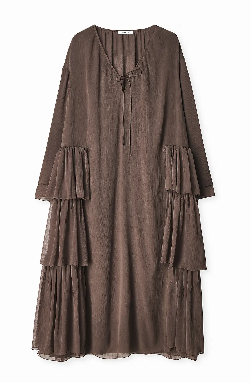 Chiffon Ruffle Long Sleeve Kaftan Brown