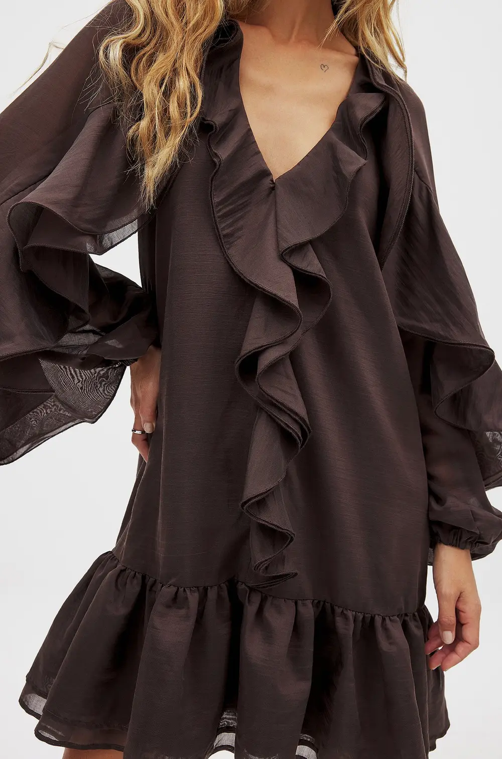 Long Sleeve Ruffle Mini Dress Brown