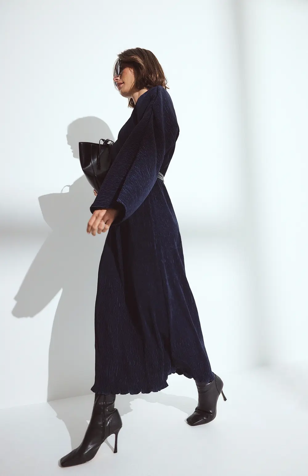 Plisse Boat Neck Maxi Dress Navy