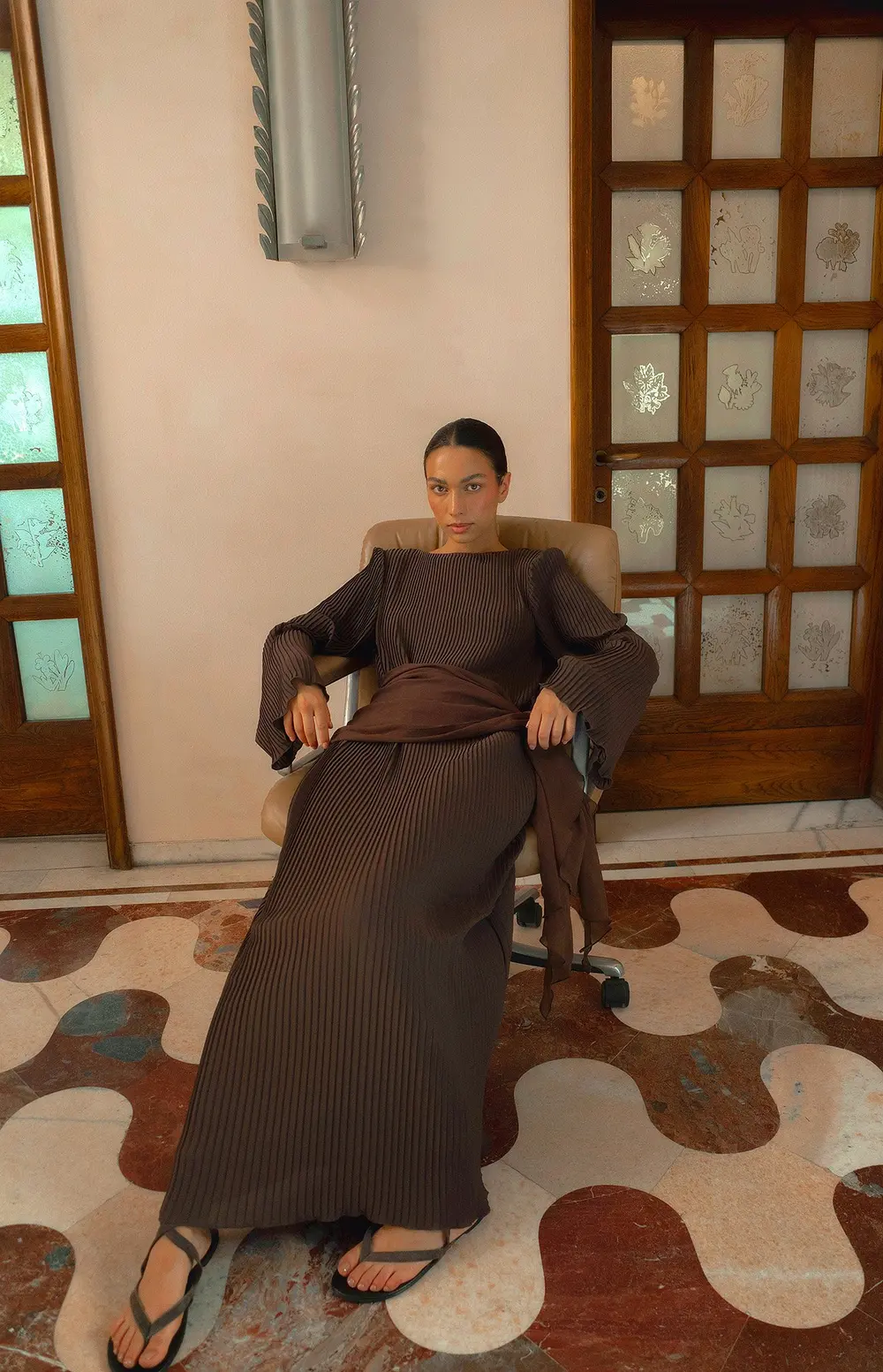 Plisse Trumpet Sleeve Maxi Dress Brown