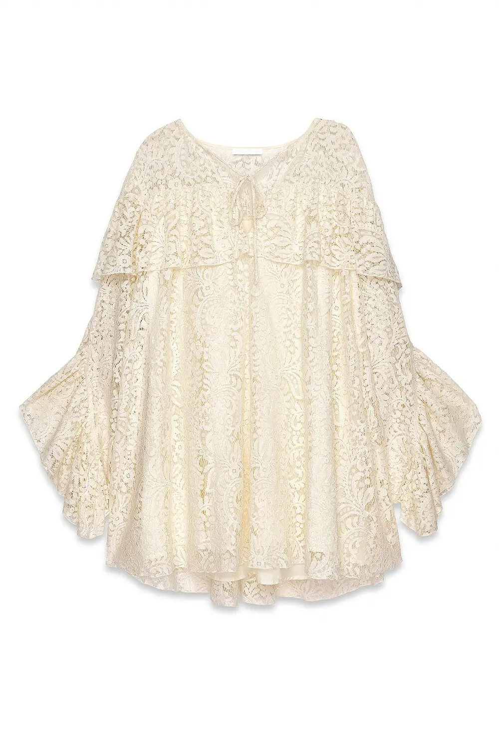 Lace Ruffle Long Sleeve Mini Dress Beige