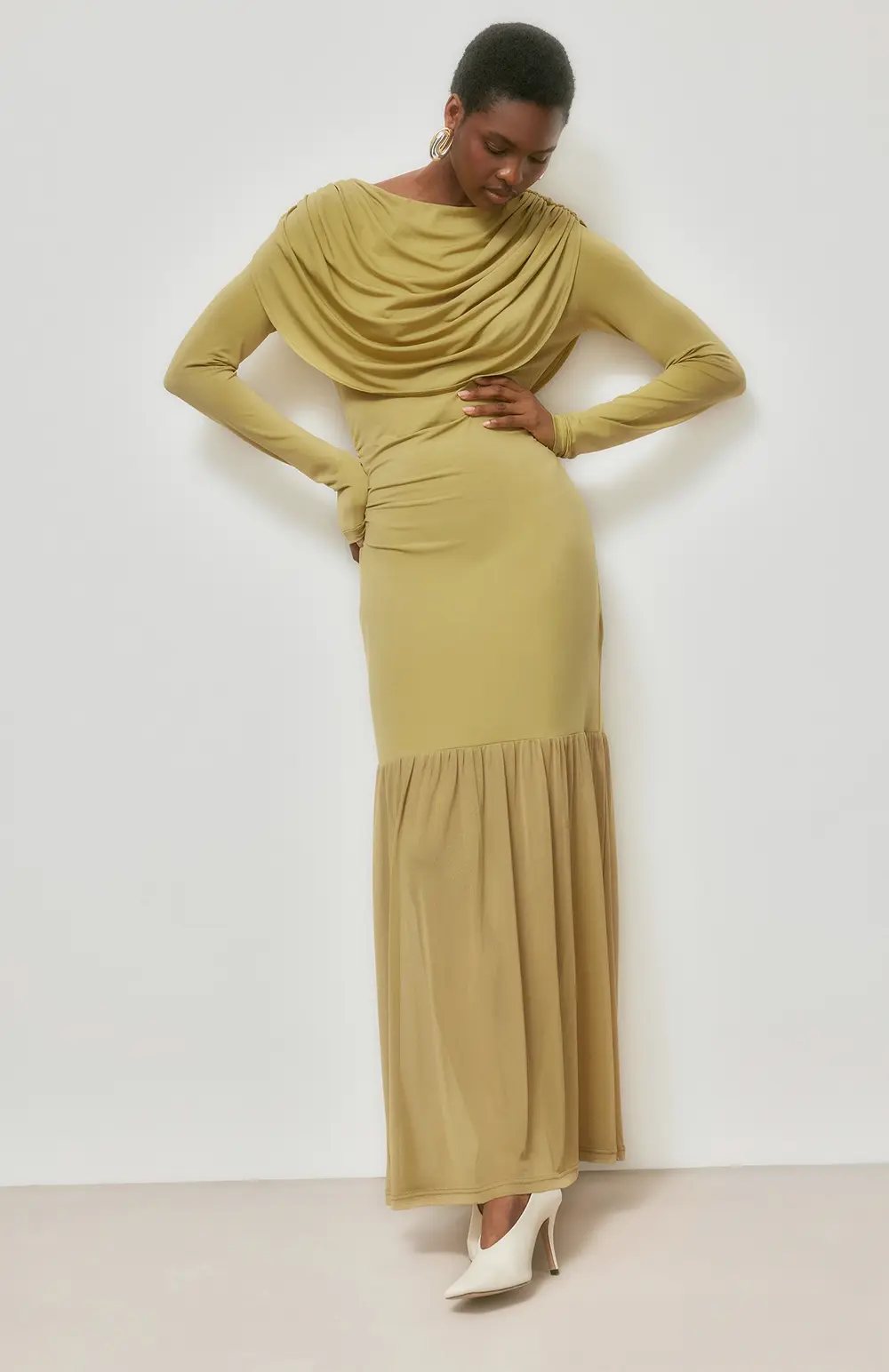 Draped Waterfall Maxi Dress Green