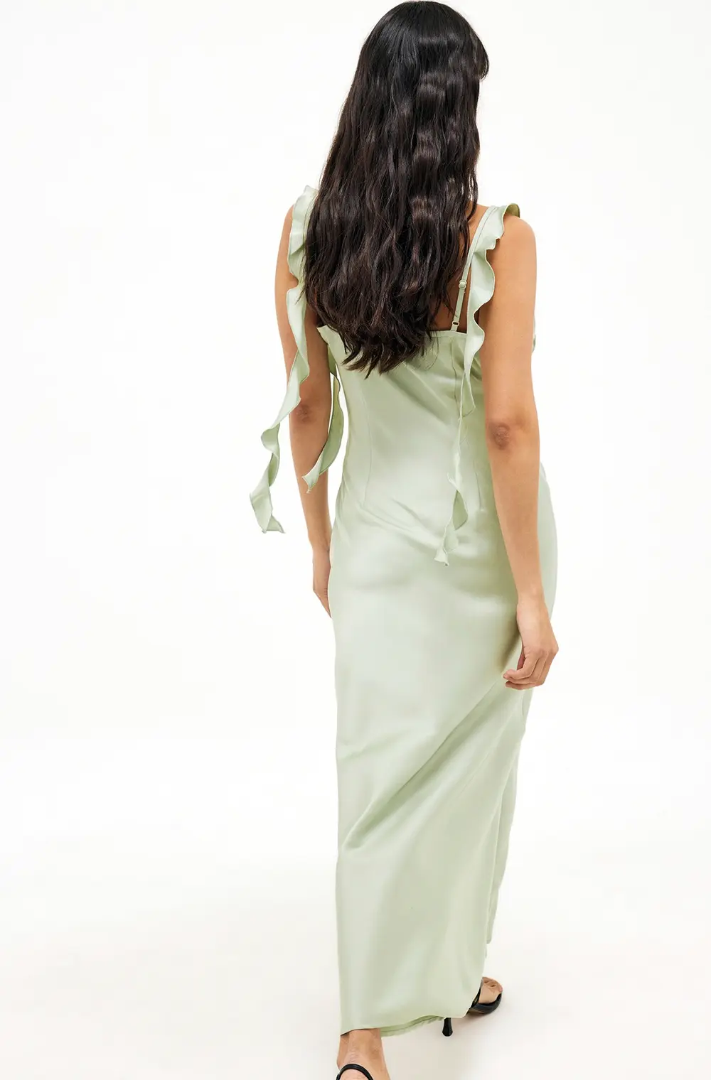 Satin Ruffle Shoulder Maxi Dress Green