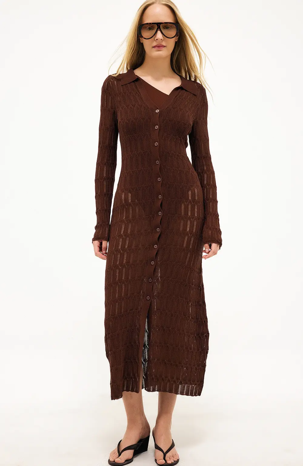 Knitted Pointelle Cardigan Maxi Dress Brown