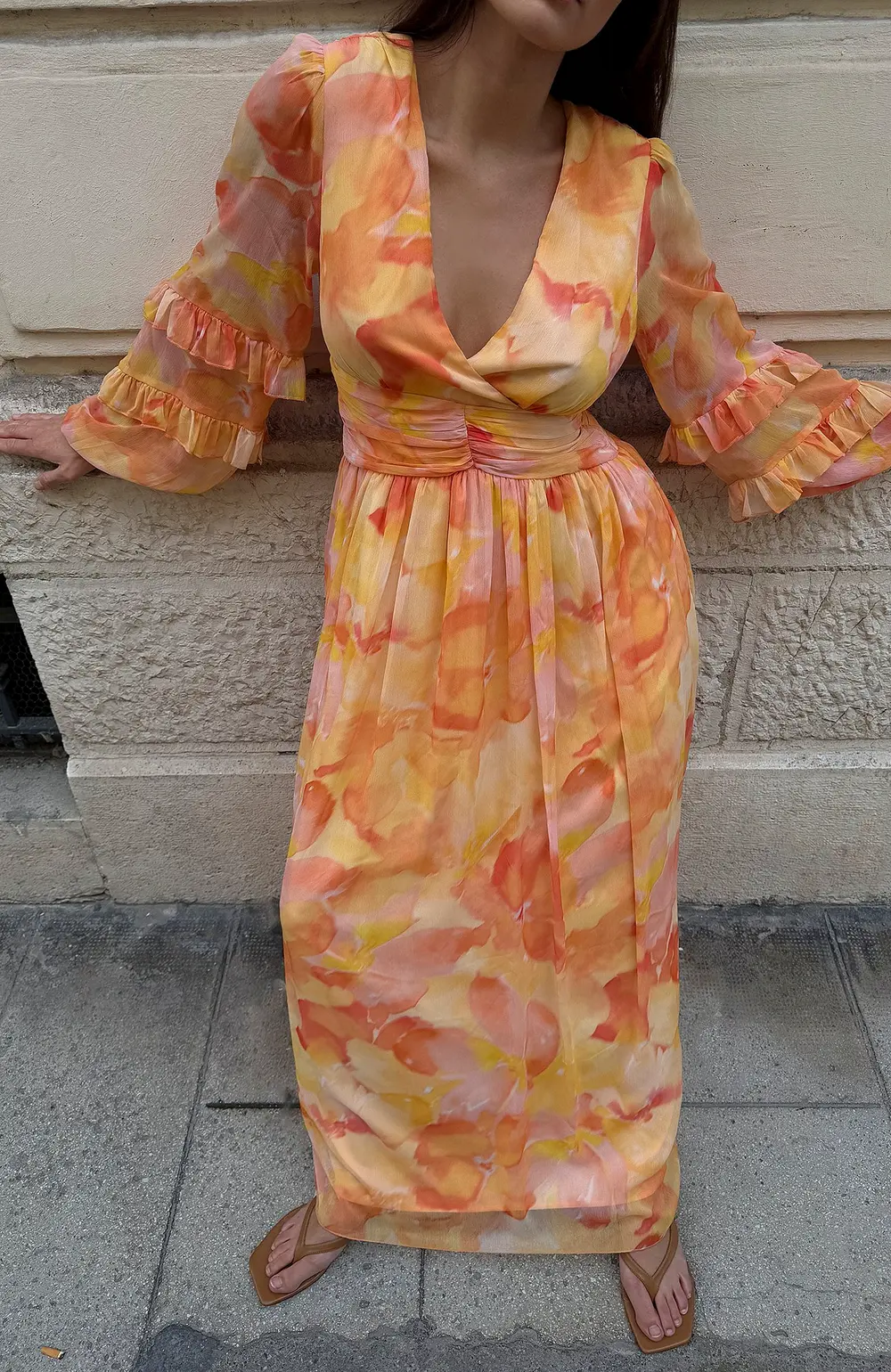 Structured Chiffon Wide Sleeve Maxi Dress Orange