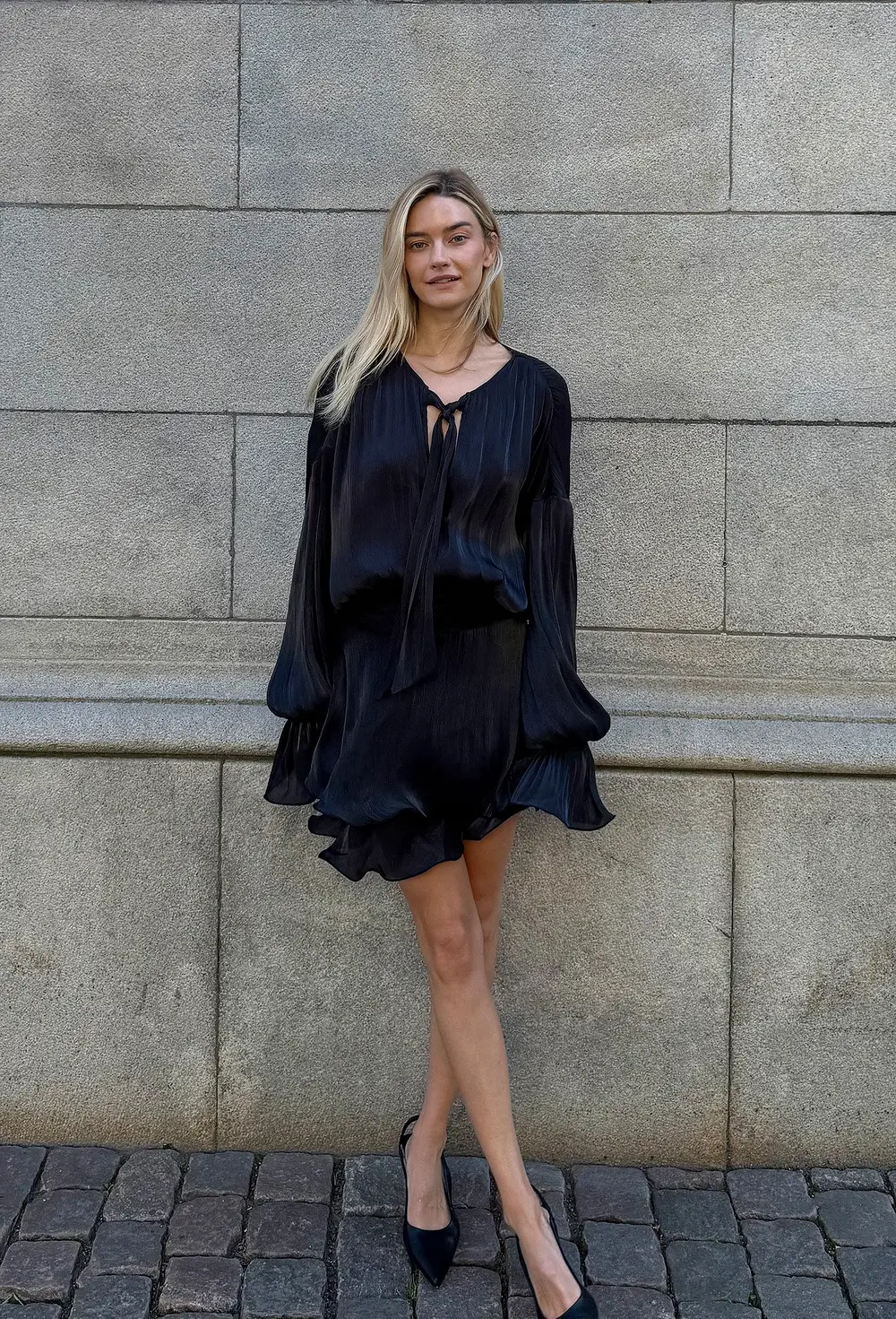 Ruched Waist Ruffle Mini Dress Black