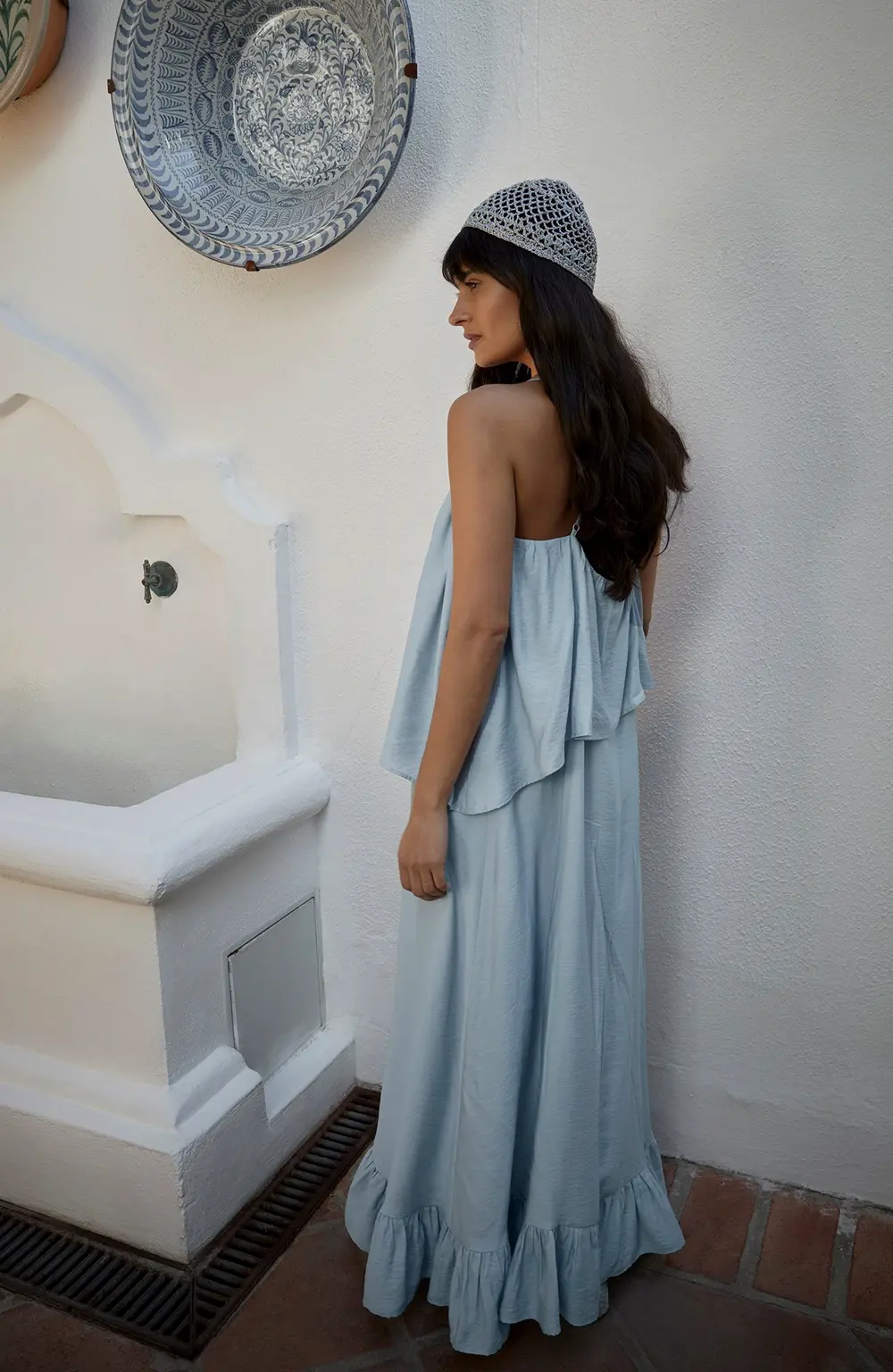 V Neck Volume Strap Midi Dress Blue