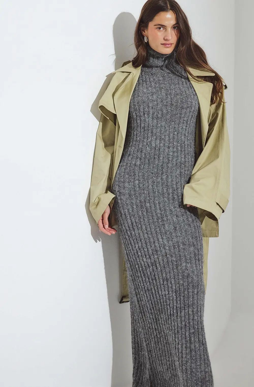 Knitted Wool Blend Turtleneck Maxi Dress Grey
