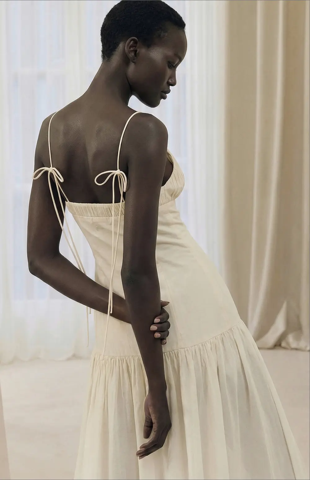 Gathered Strap Dress Beige