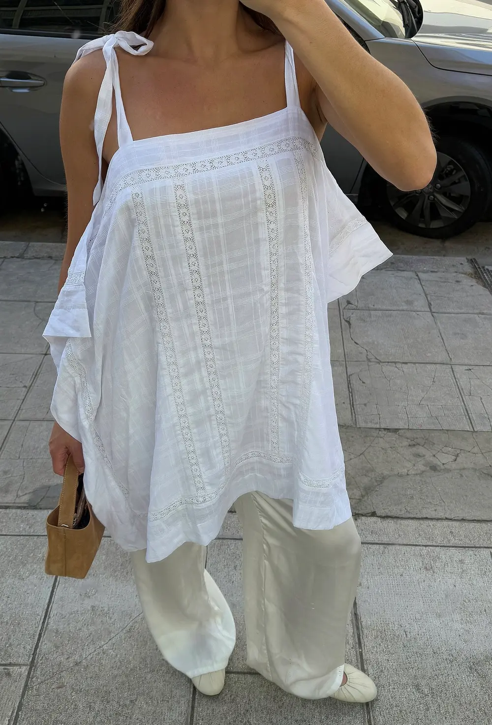 Lace Insert Tie Shoulder Mini Dress White
