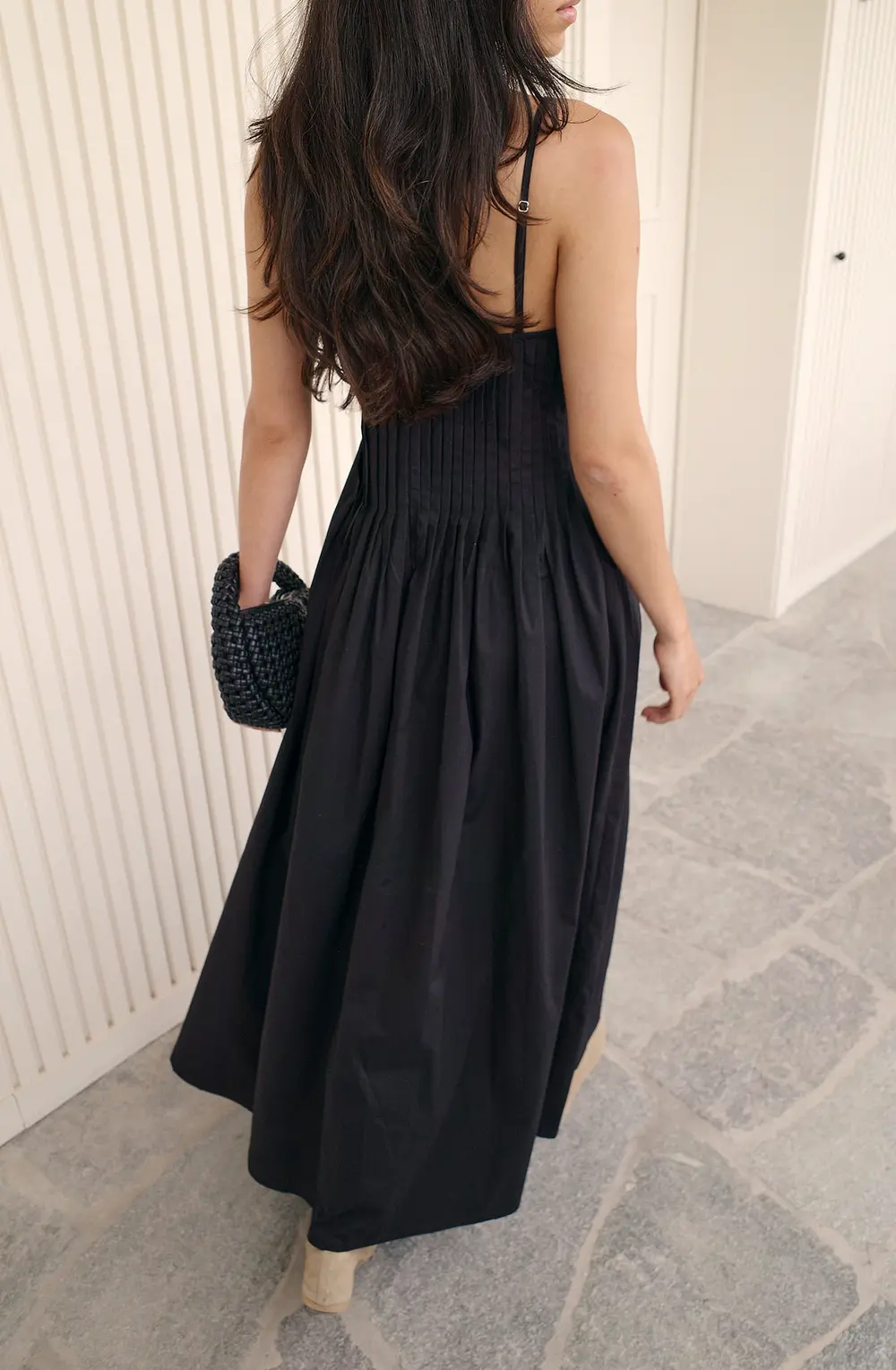 Cotton Pintuck Midi Dress Black
