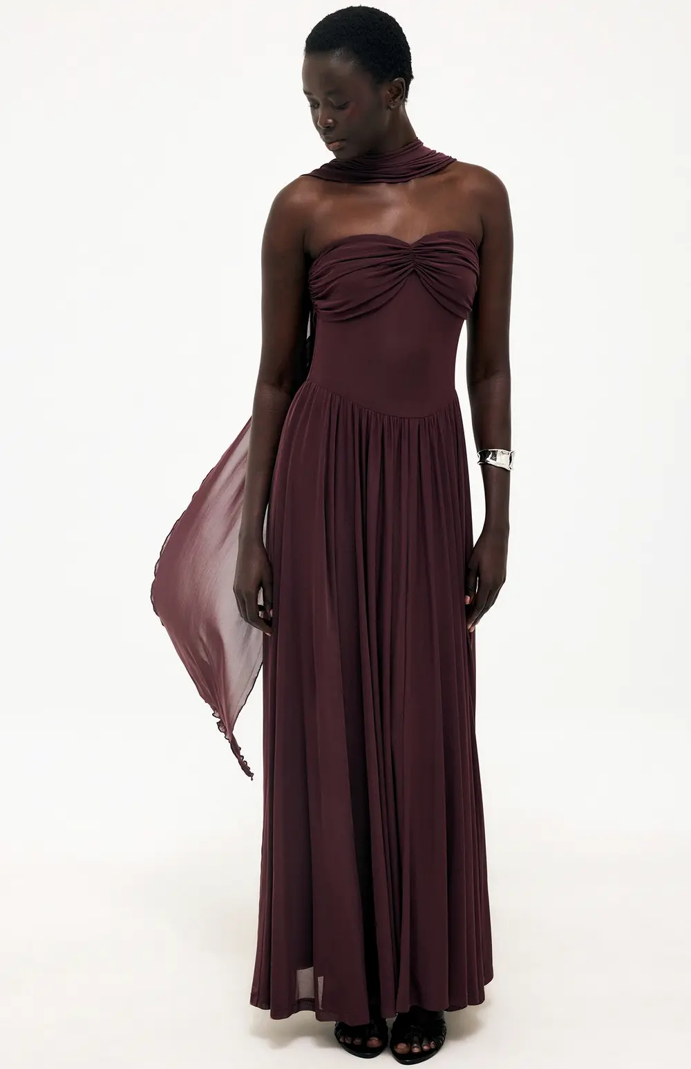Mesh Scarf Maxi Dress Brown