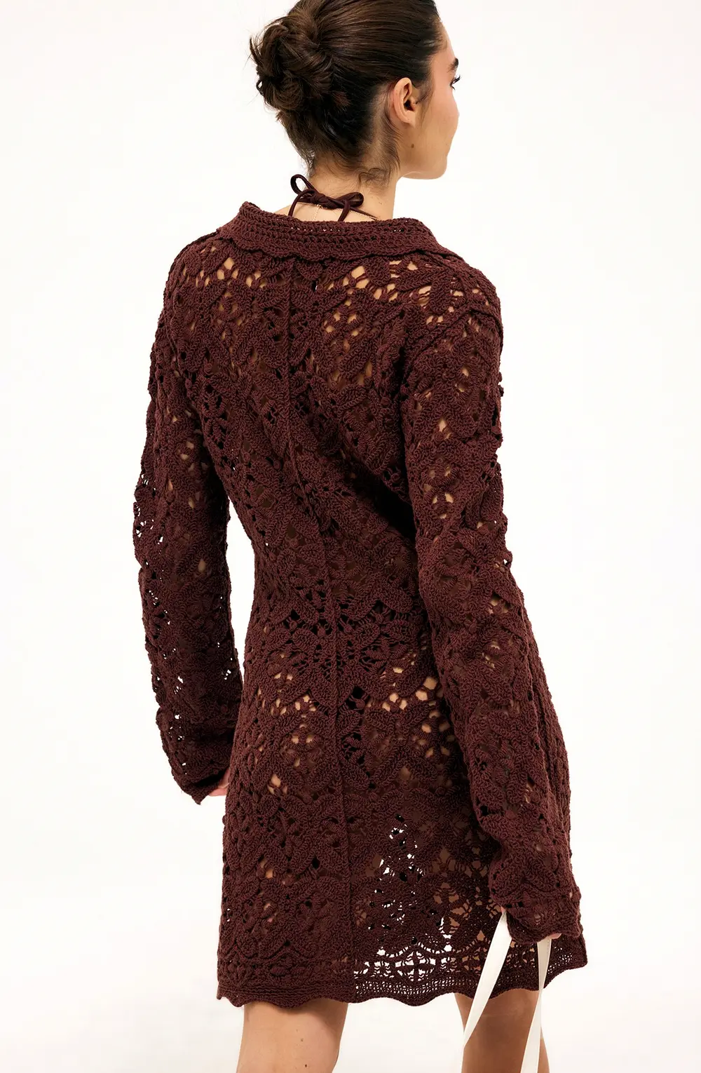 Knitted Crochet Mini Dress Brown