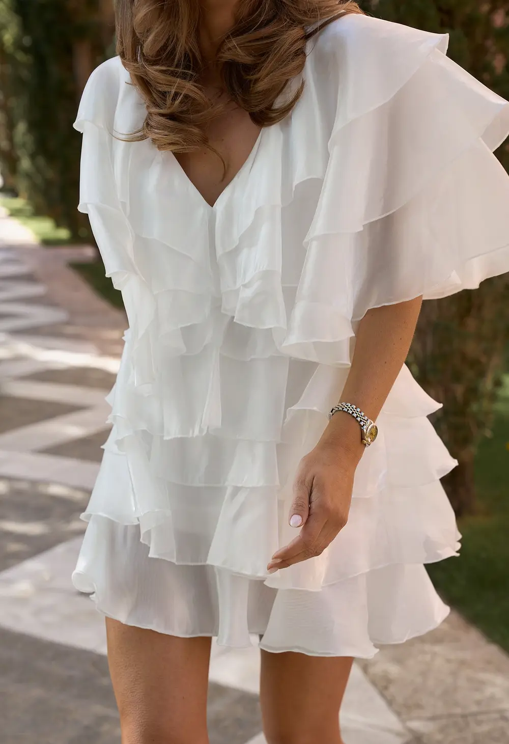 Flounce V-Neck Mini Dress White