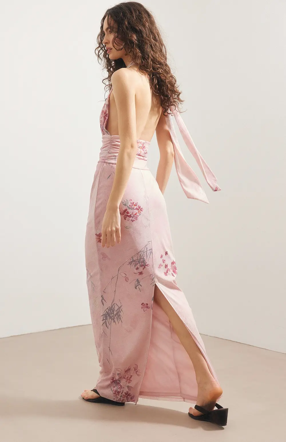 Halterneck Tie Maxi Dress Flower