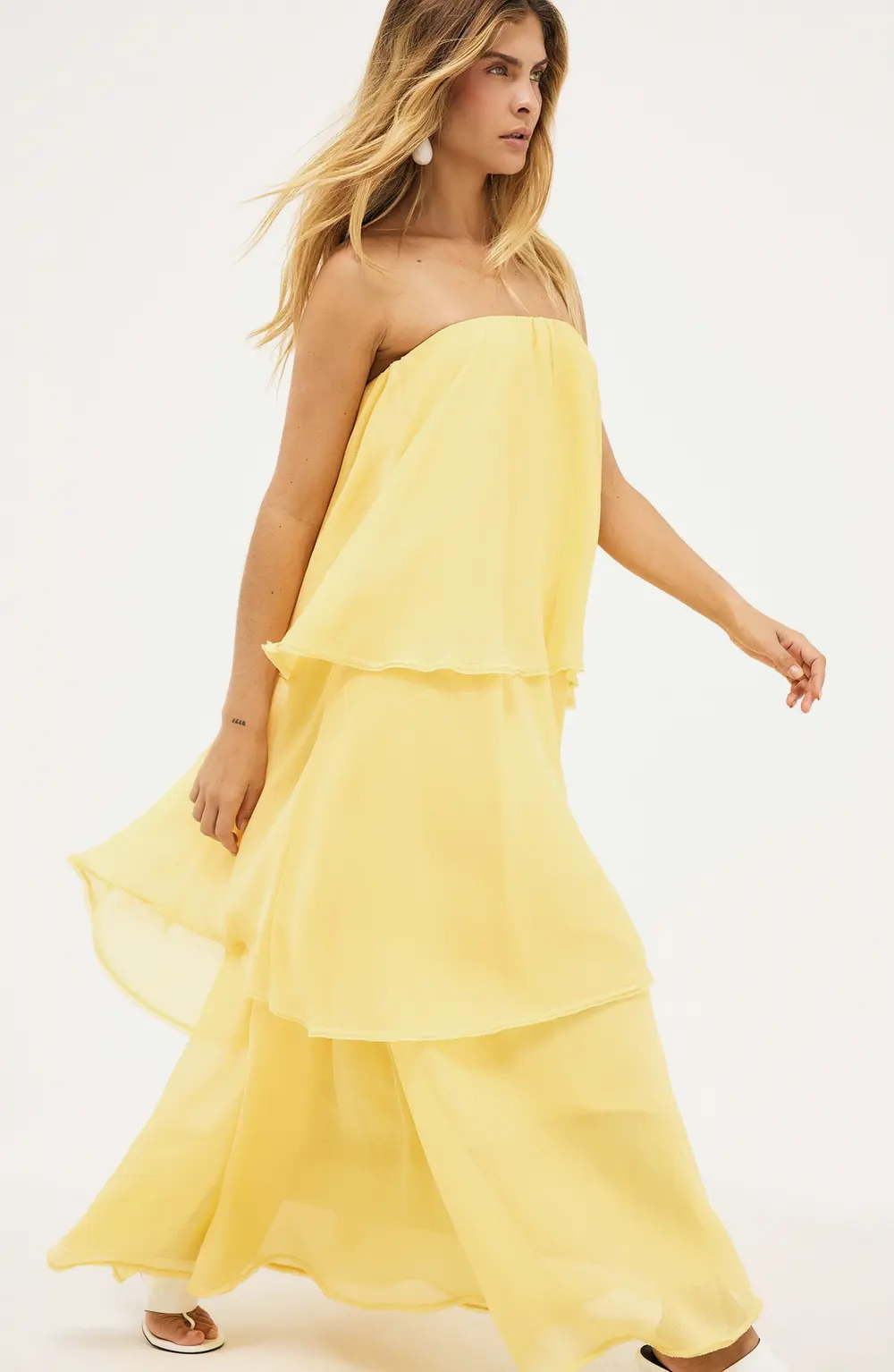Bandeau Tiered Volume Maxi Dress Yellow