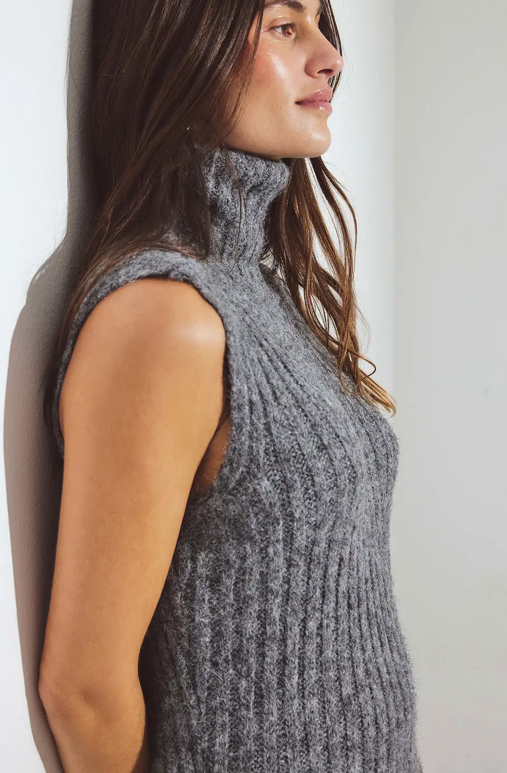 Knitted Wool Blend Turtleneck Maxi Dress Grey