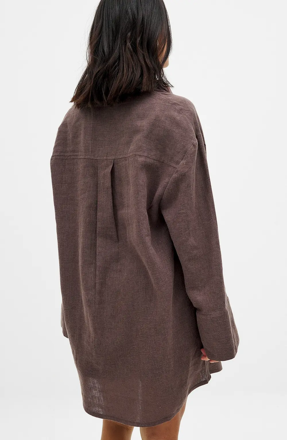 Linen Blend Mini Shirt Dress Brown