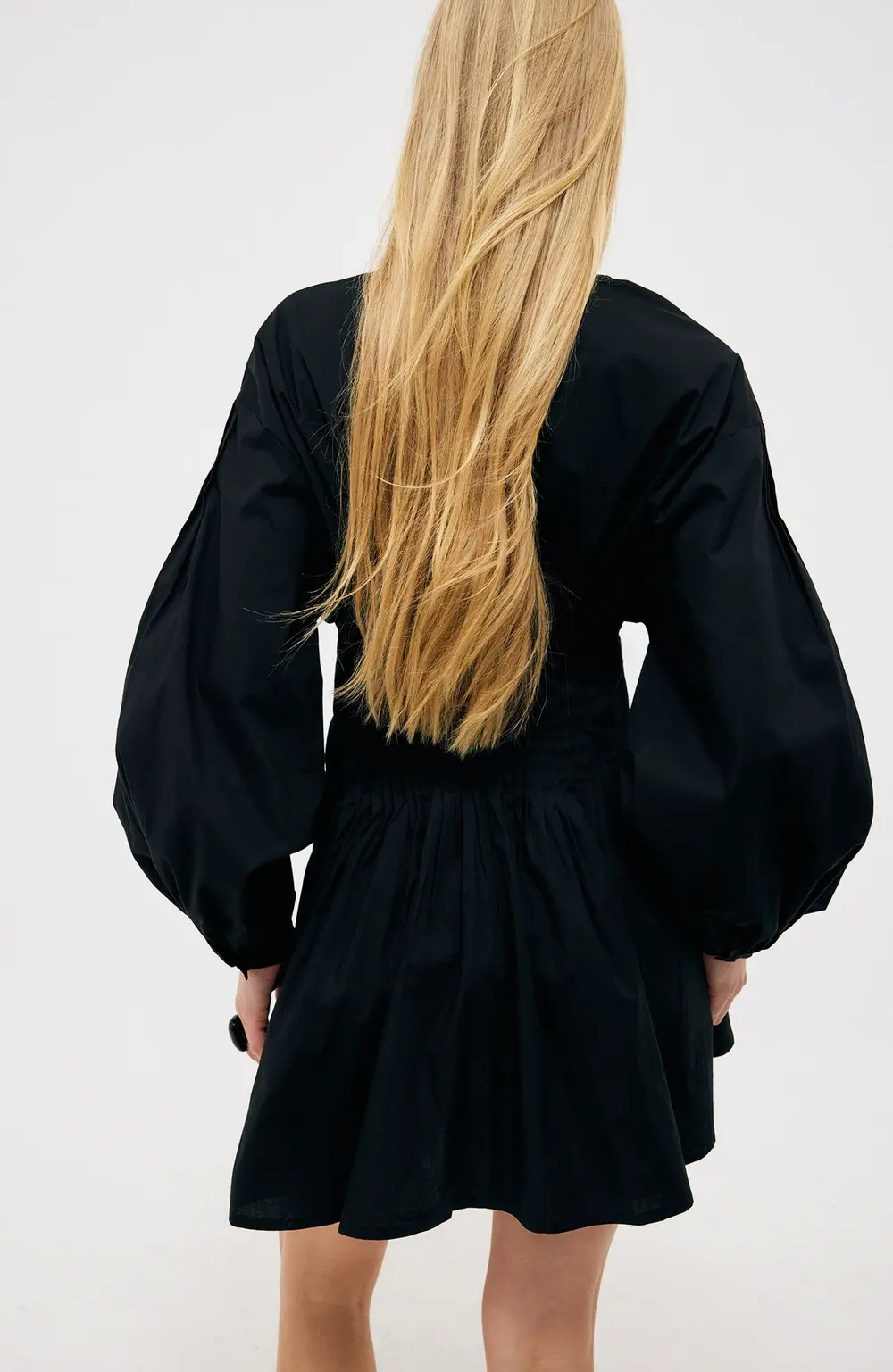 Cotton Long Sleeve Pintuck Mini Dress Black