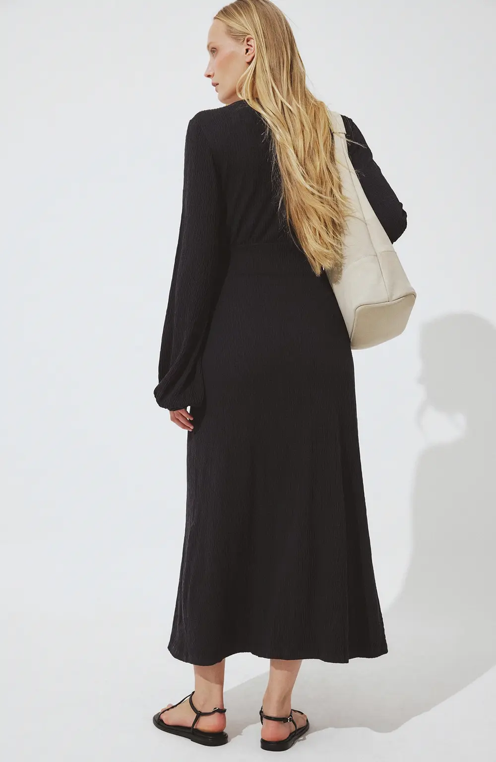 Balloon Sleeve Button Maxi Dress Black