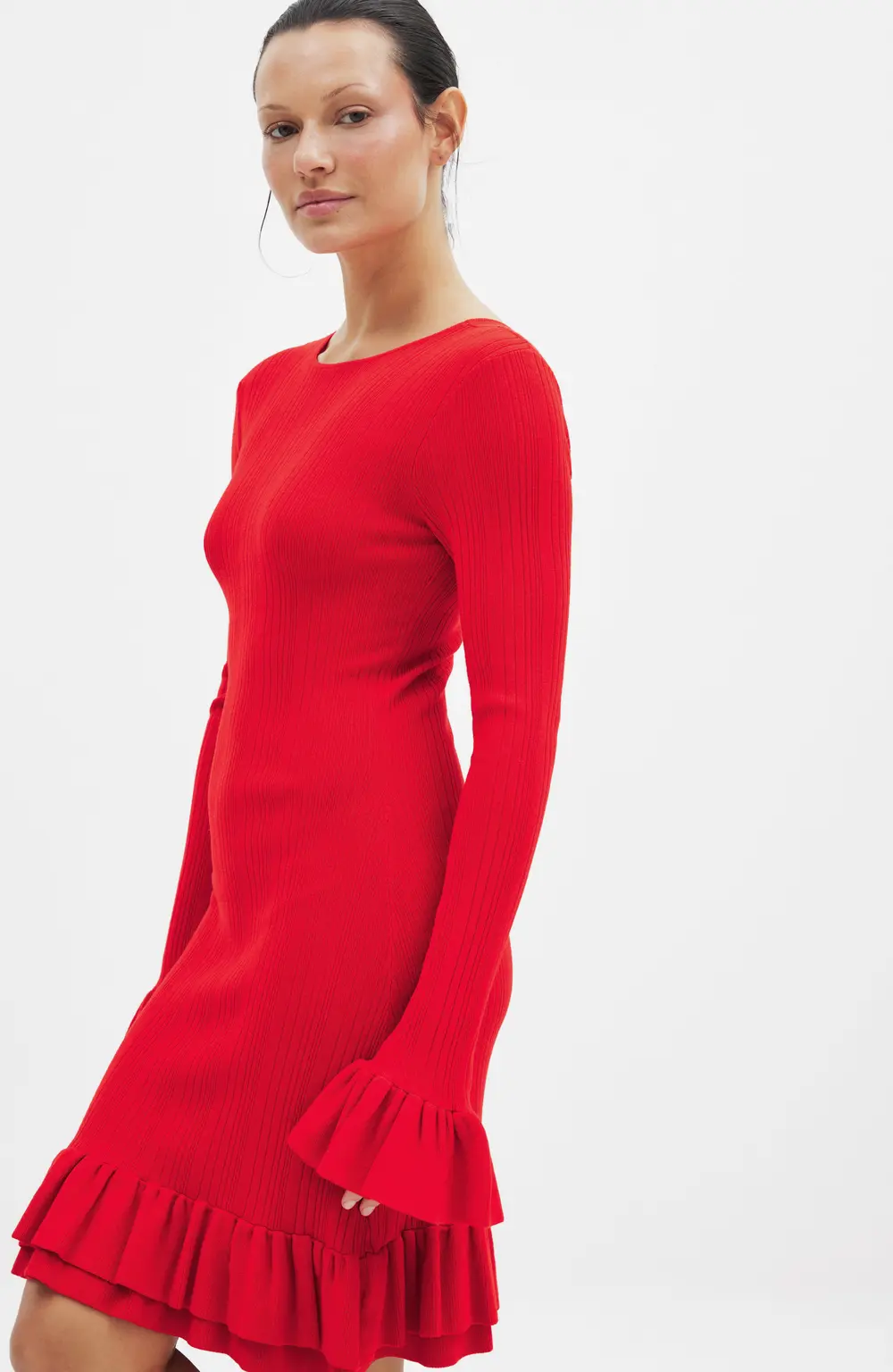 Knitted Frill Detail Mini Dress Red
