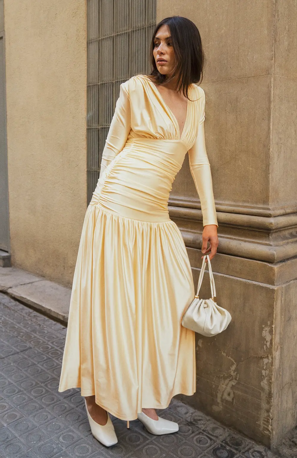 V-Neckline Draped Maxi Dress Yellow