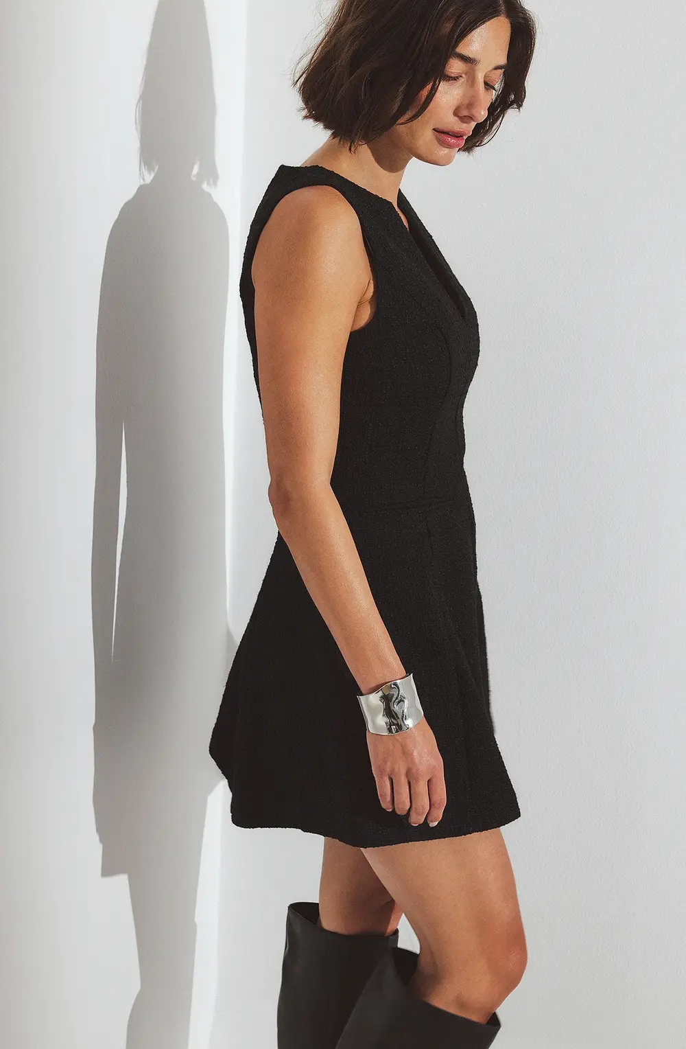 Boucle V Neck Mini Dress Black