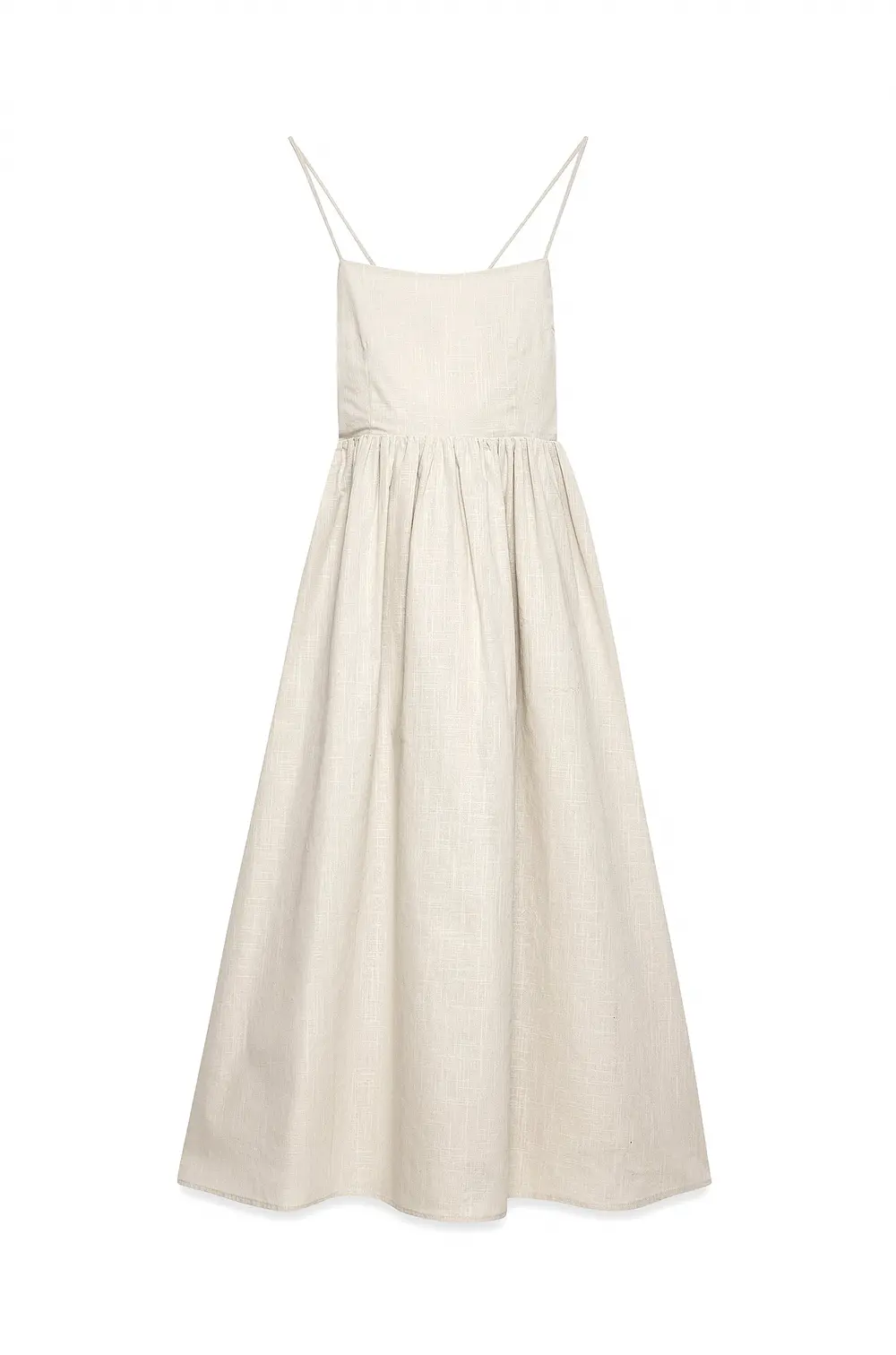 Open Back Tie Detail Midi Dress Beige