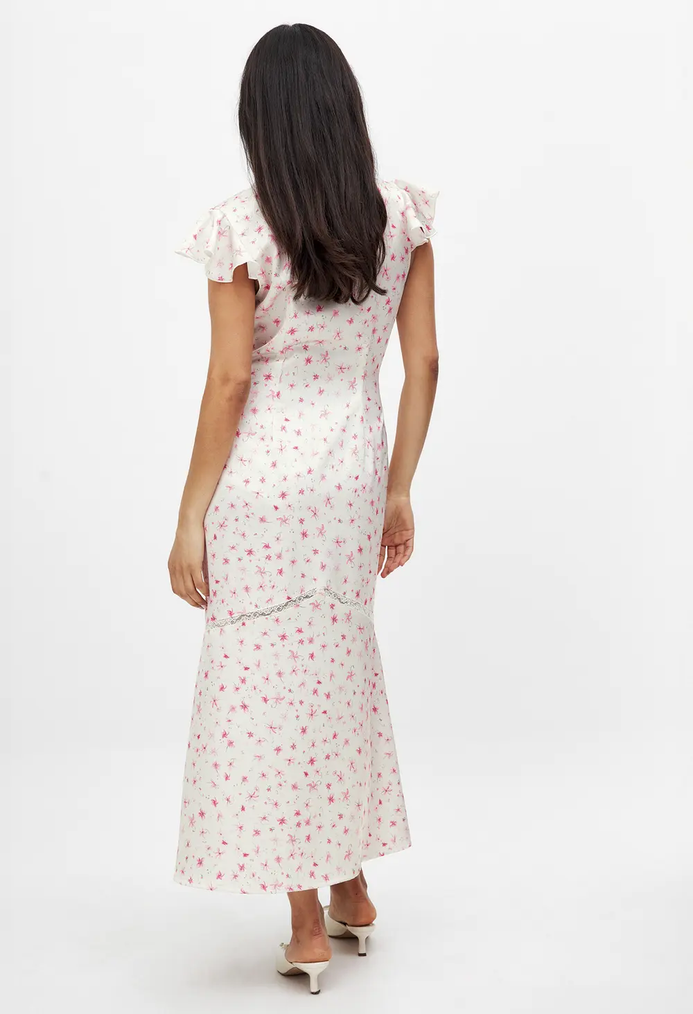 Lace Insert Frill Sleeve Midi Dress Flower