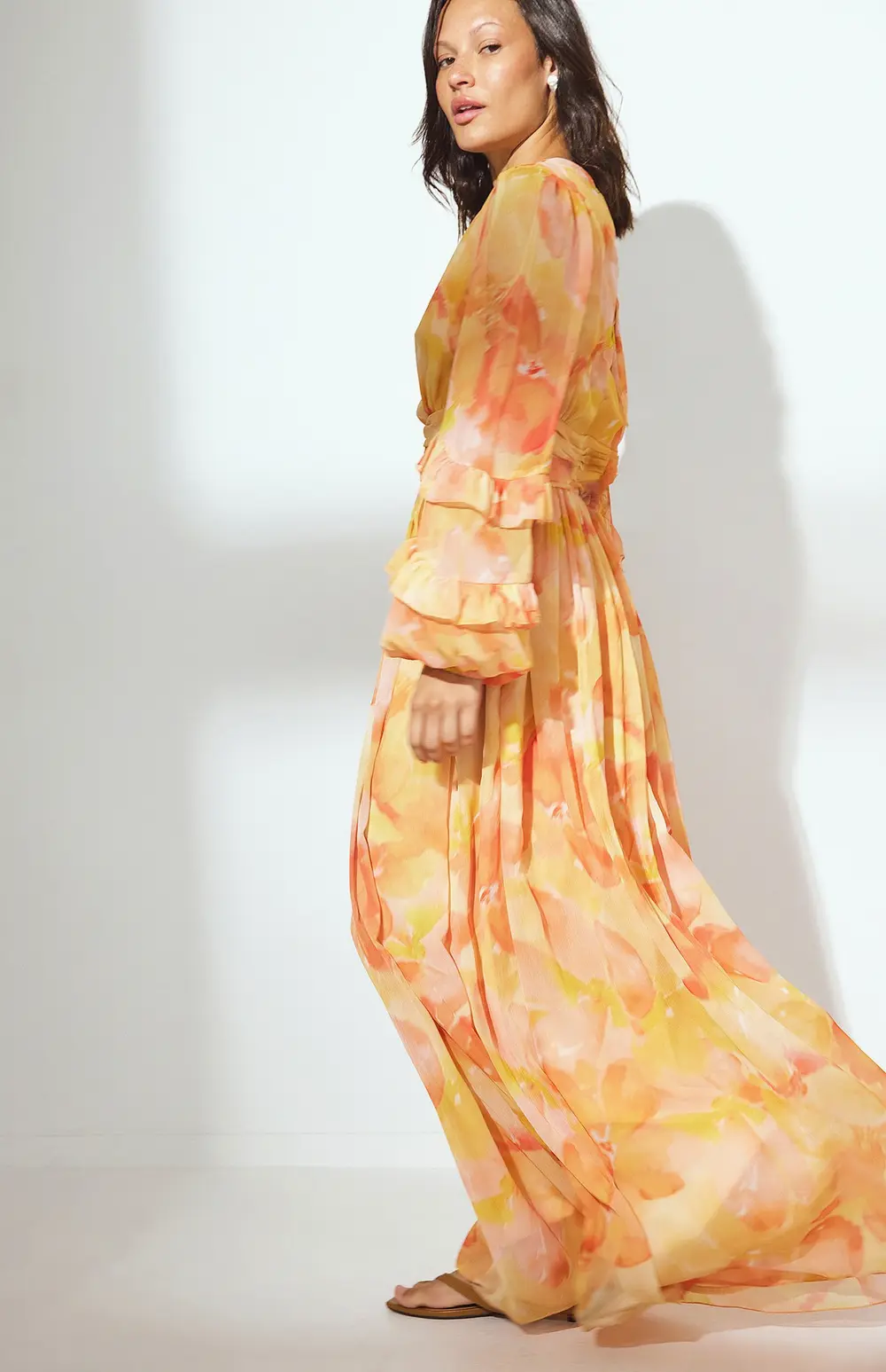 Structured Chiffon Wide Sleeve Maxi Dress Orange