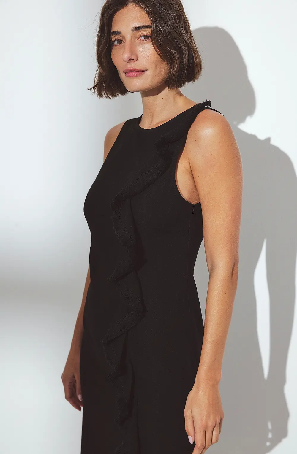 Ruffle Detail Fringe Midi Dress Black