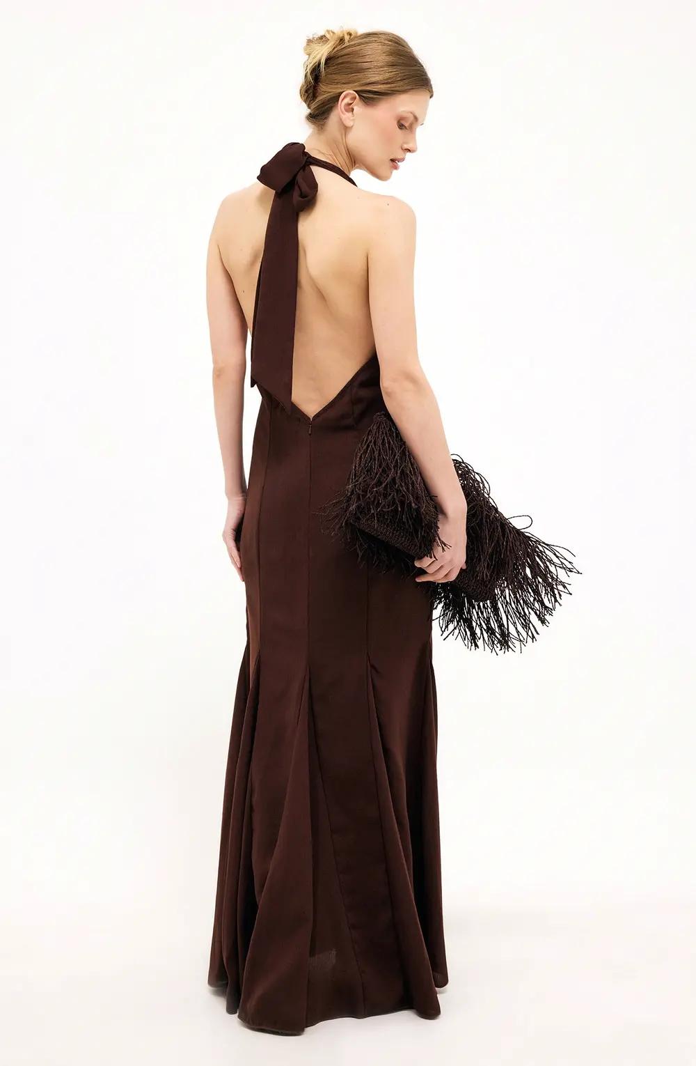 Halterneck Button Front Maxi Dress Brown