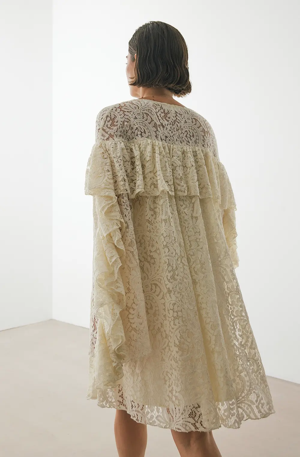 Lace Ruffle Long Sleeve Mini Dress Beige