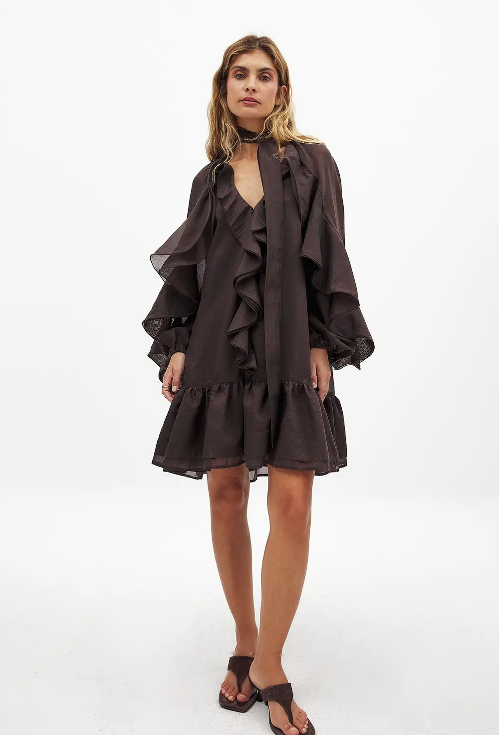 Long Sleeve Ruffle Mini Dress Brown